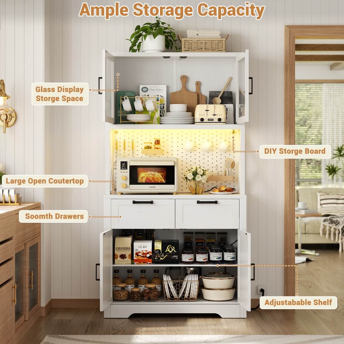 71" Pantry Cabinet with LED Light & Outlet, Coming with 2 Wood Drawers