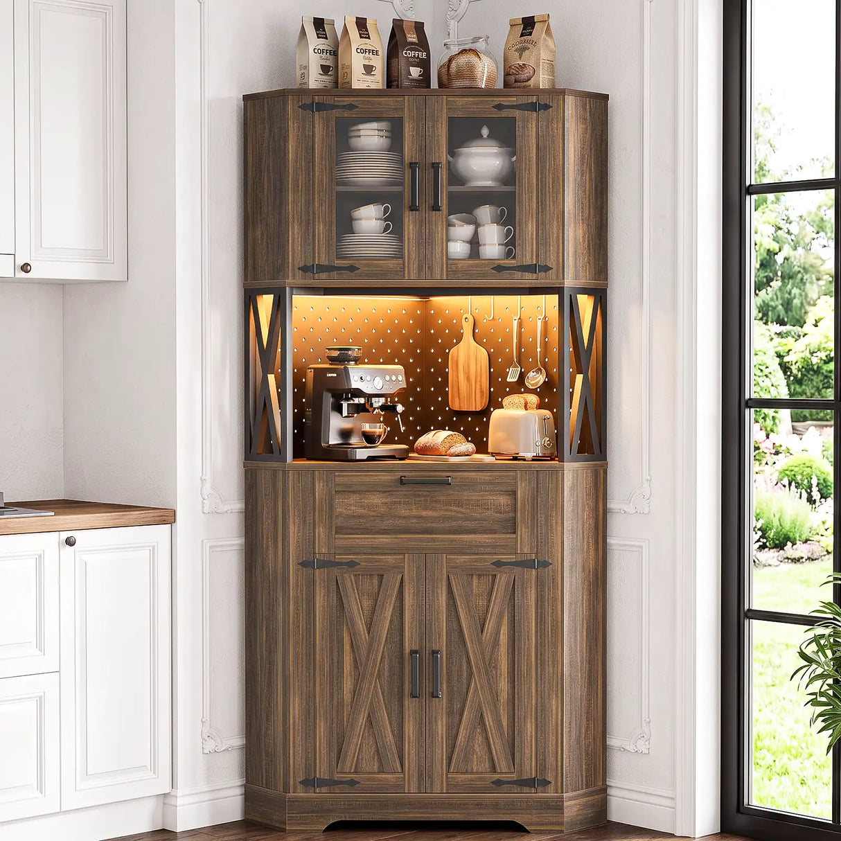 Corner Cabinet, 71" Tall Pantry Cabinet with Outlet & Light