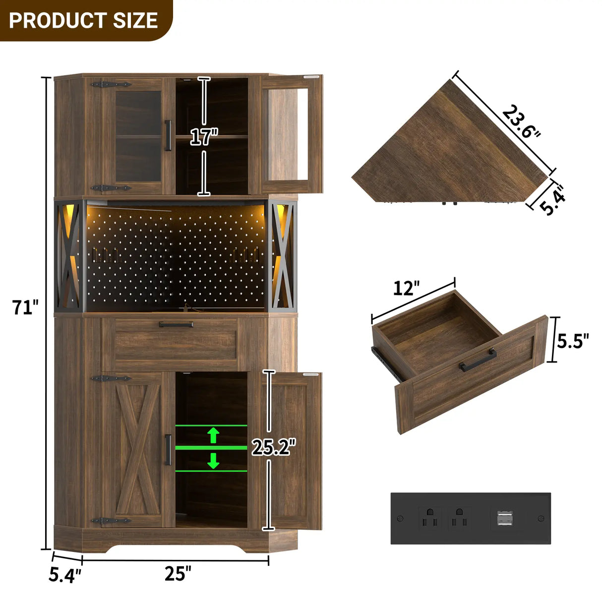 Corner Cabinet, 71" Tall Pantry Cabinet with Outlet & Light