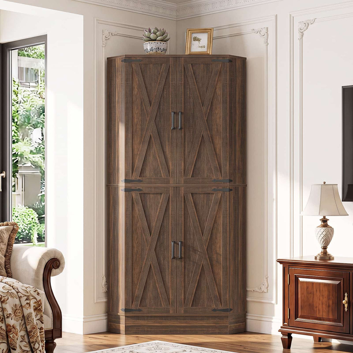 71" Tall Corner Cabinet with Doors and Adjustable Shelves, Drawer