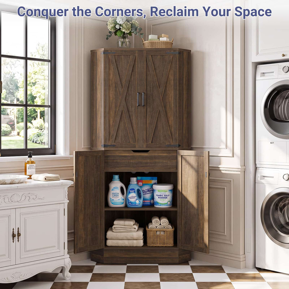 71" Tall Corner Cabinet with Doors and Adjustable Shelves, Drawer