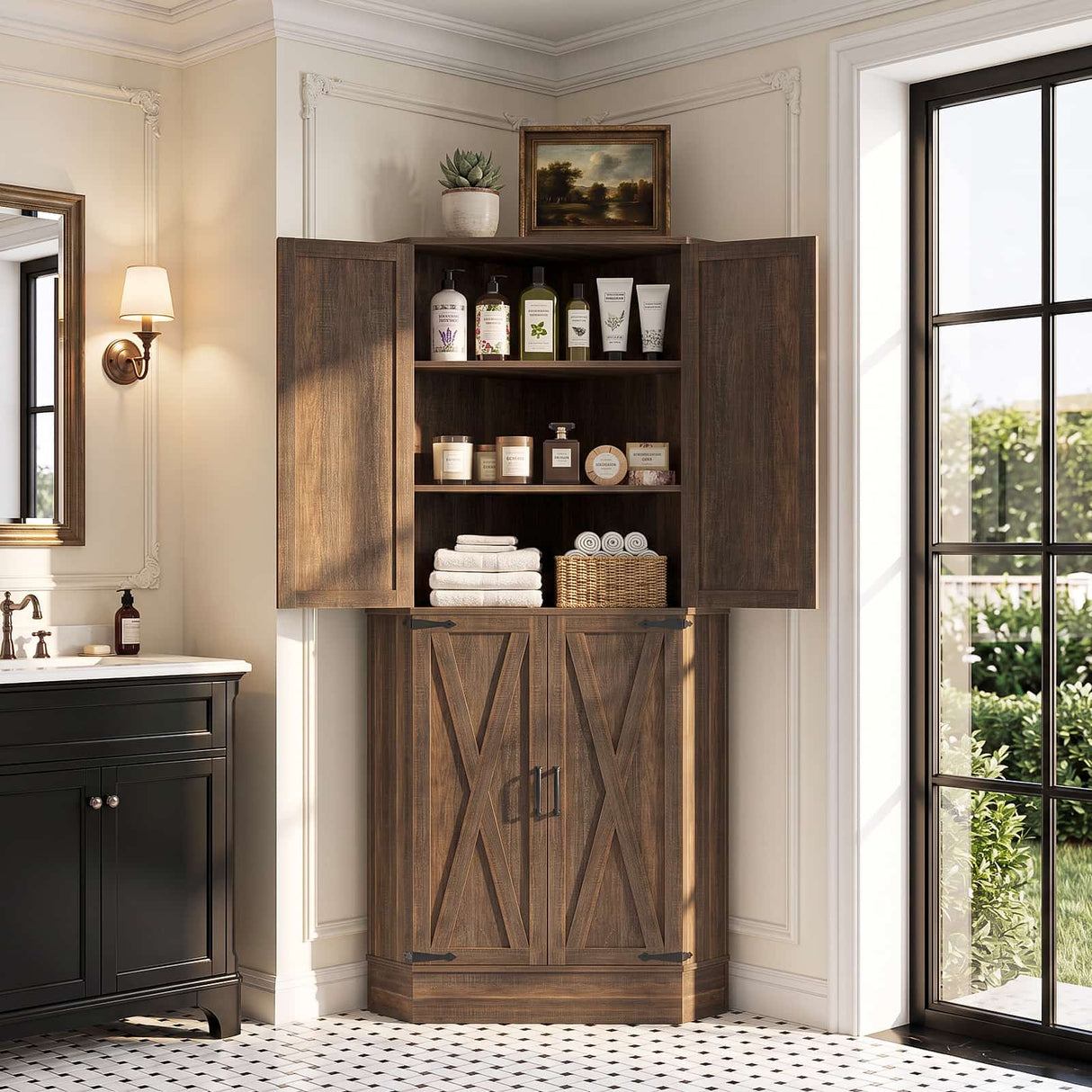 71" Tall Corner Cabinet with Doors and Adjustable Shelves, Drawer