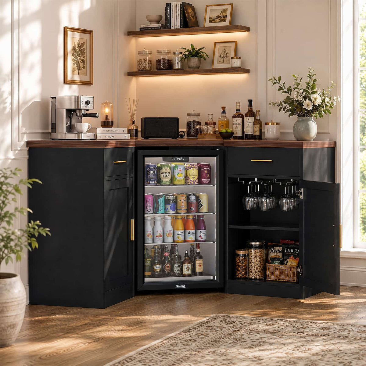 Corner Coffee Bar Cabinet with Mini Fridge Space,Black
