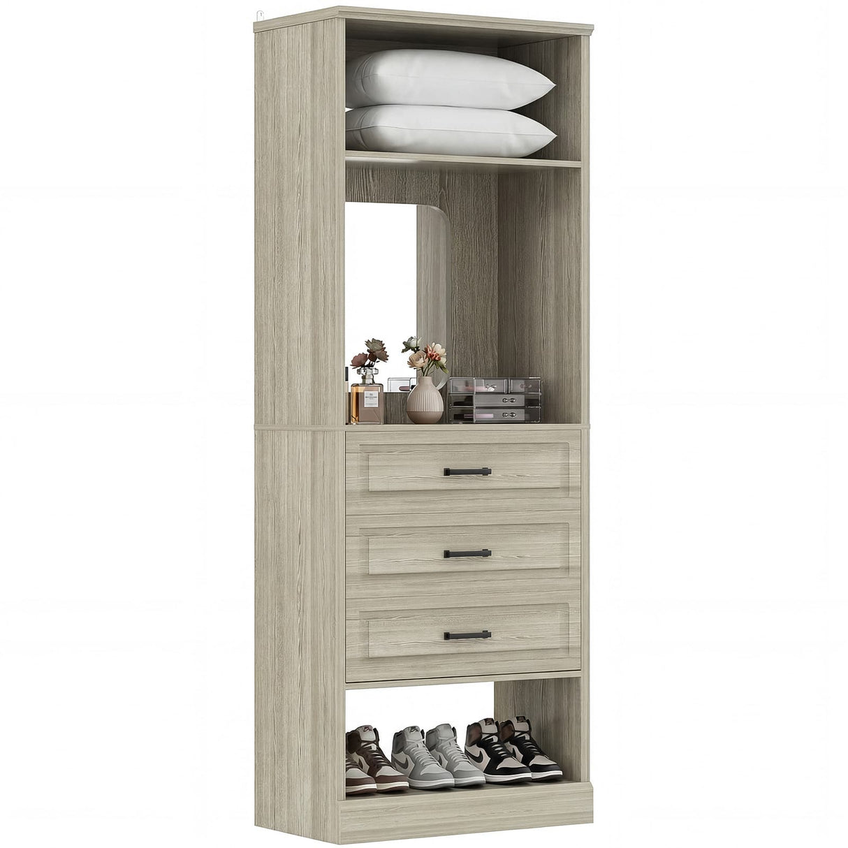 Closet System with Drawers & Mirror, Heavy Duty Wooden Closet Organizer, Modular Wardrobe Storage Tower for Bedroom & Walk-in Closet