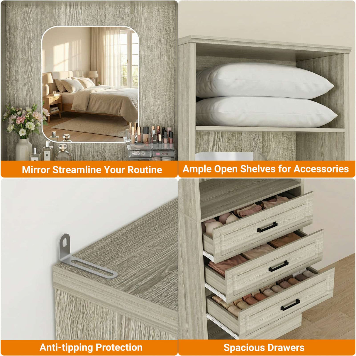 Closet System with Drawers & Mirror, Heavy Duty Wooden Closet Organizer, Modular Wardrobe Storage Tower for Bedroom & Walk-in Closet
