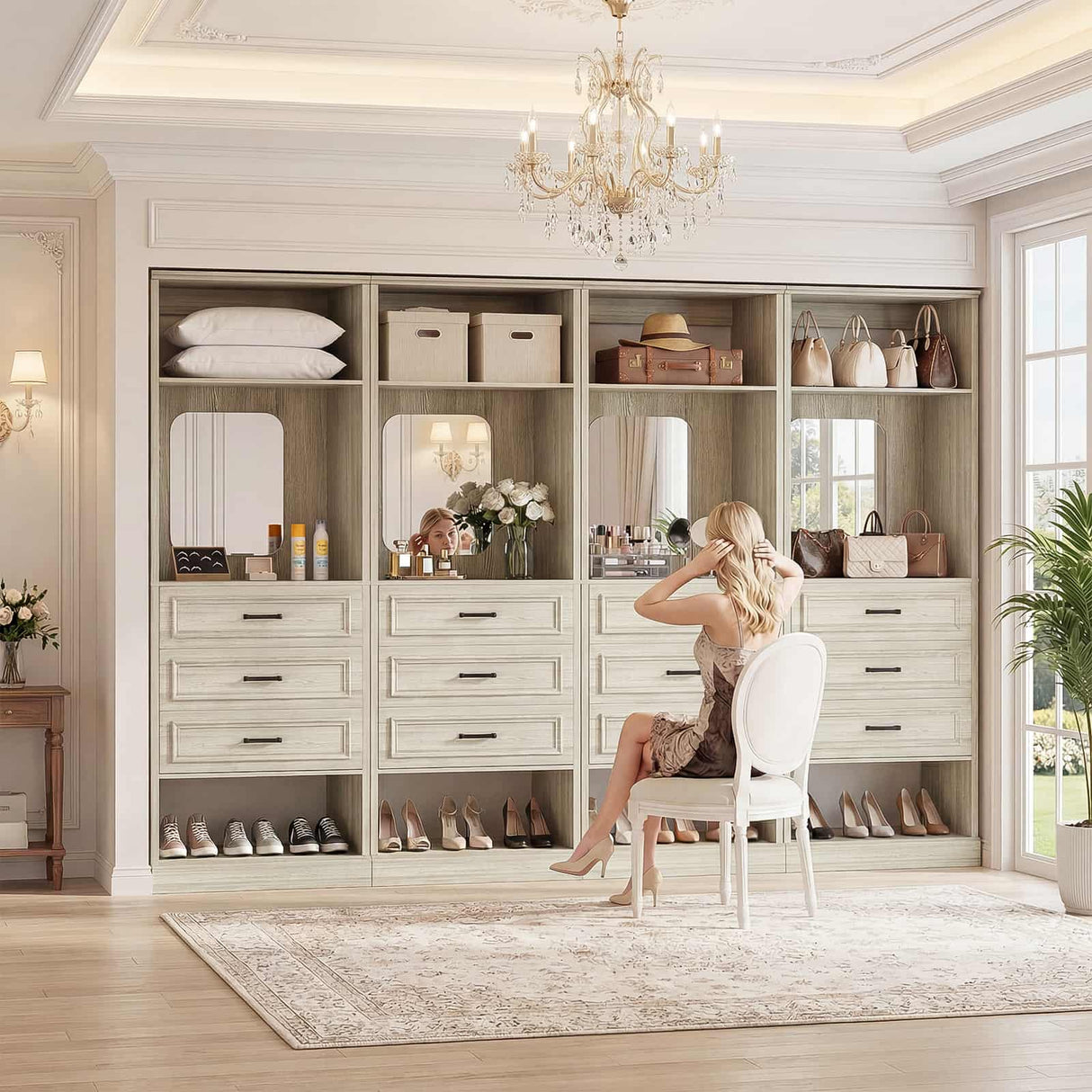 Closet System with Drawers & Mirror, Heavy Duty Wooden Closet Organizer, Modular Wardrobe Storage Tower for Bedroom & Walk-in Closet