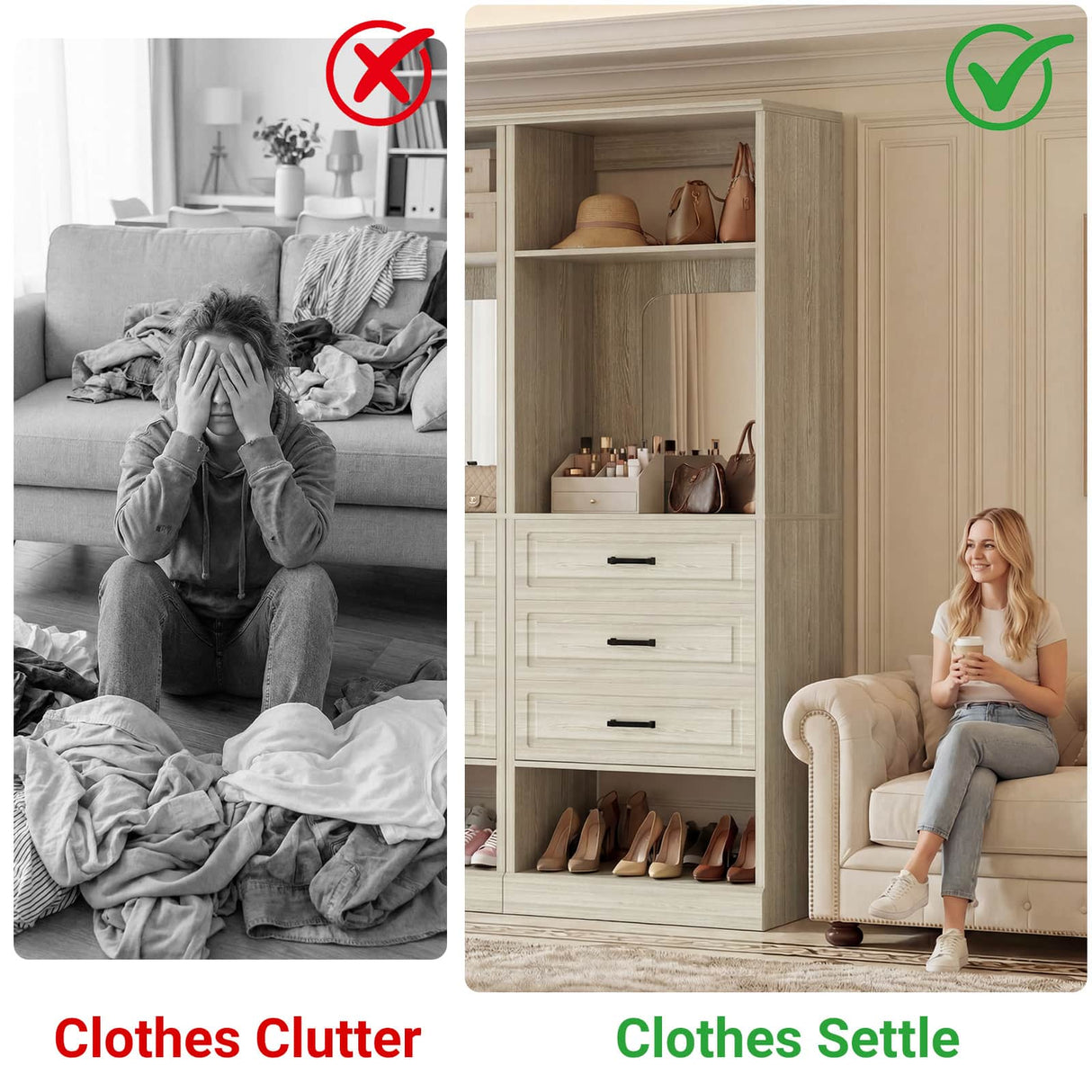 Closet System with Drawers & Mirror, Heavy Duty Wooden Closet Organizer, Modular Wardrobe Storage Tower for Bedroom & Walk-in Closet
