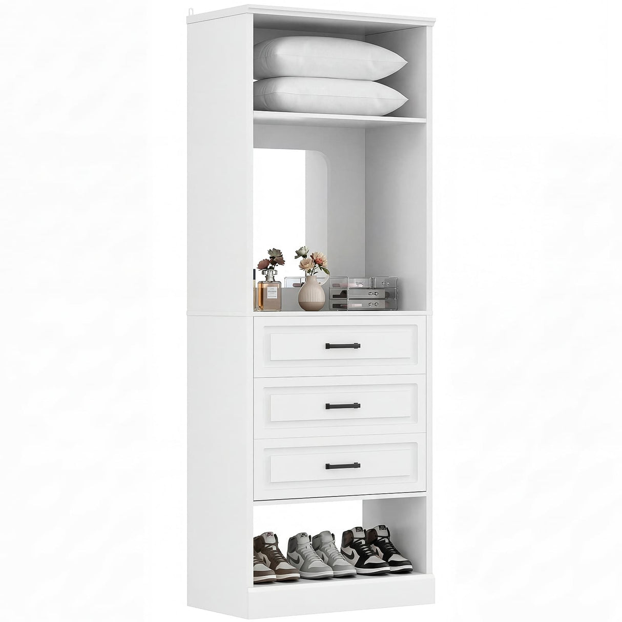 Closet System with Drawers & Mirror, Heavy Duty Wooden Closet Organizer, Modular Wardrobe Storage Tower for Bedroom & Walk-in Closet