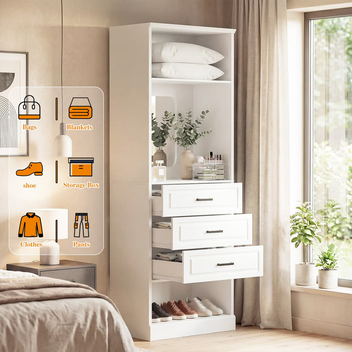 Closet System with Drawers & Mirror, Heavy Duty Wooden Closet Organizer, Modular Wardrobe Storage Tower for Bedroom & Walk-in Closet