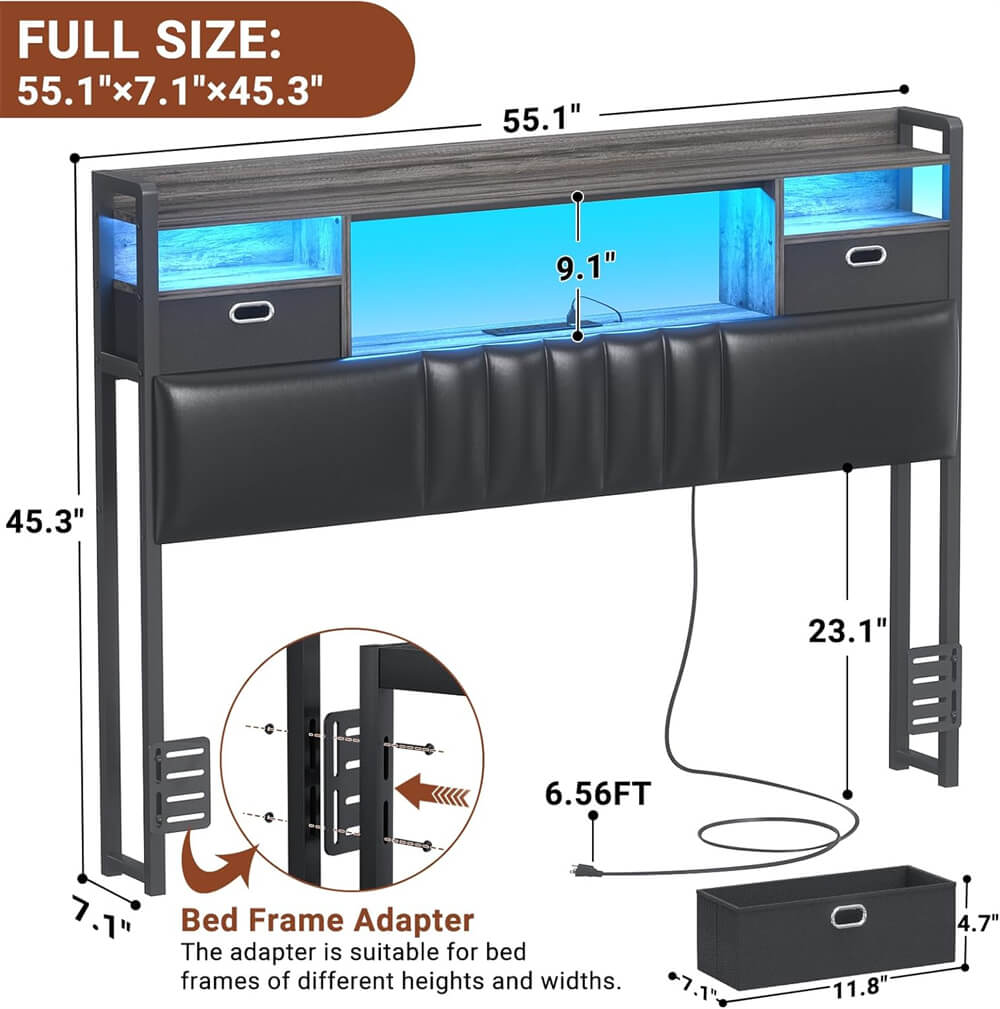 Full Size Headboard with Drawer Storage and RGB LED Light, Full Upholstered Headboard with Charging Station and Bookcase