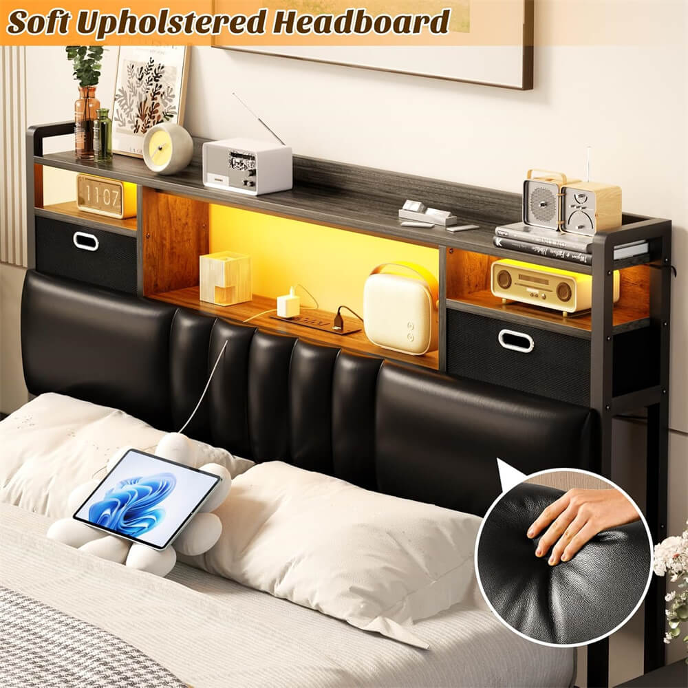 Full Size Headboard with Drawer Storage and RGB LED Light, Full Upholstered Headboard with Charging Station and Bookcase