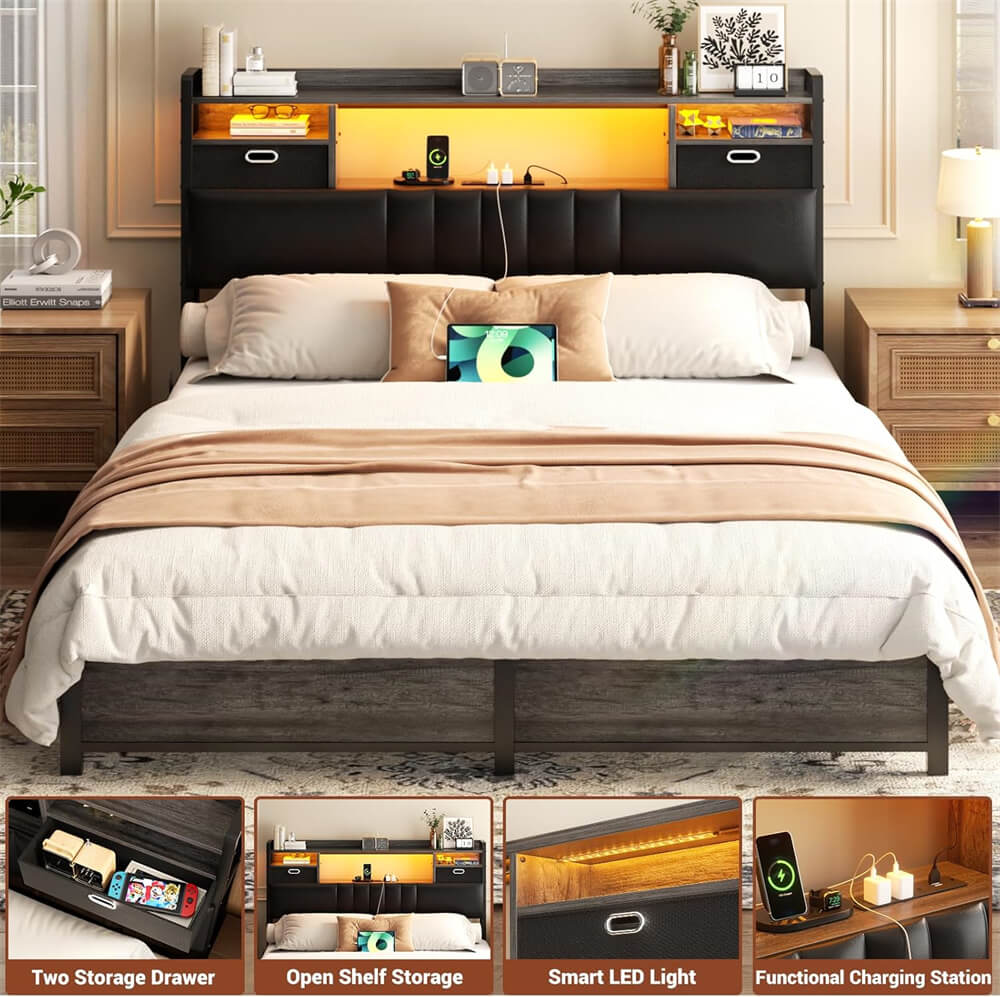 Full Size Headboard with Drawer Storage and RGB LED Light, Full Upholstered Headboard with Charging Station and Bookcase