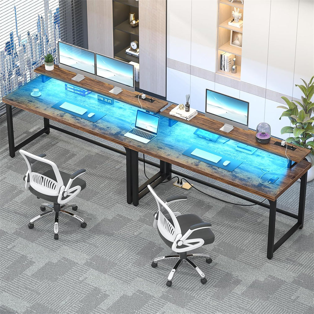 55'' Large Computer Desk with Power Outlets & LED Lights, Modern Thickened PC Writing Desk for Home Office