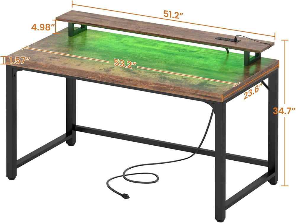 55'' Large Computer Desk with Power Outlets & LED Lights, Modern Thickened PC Writing Desk for Home Office