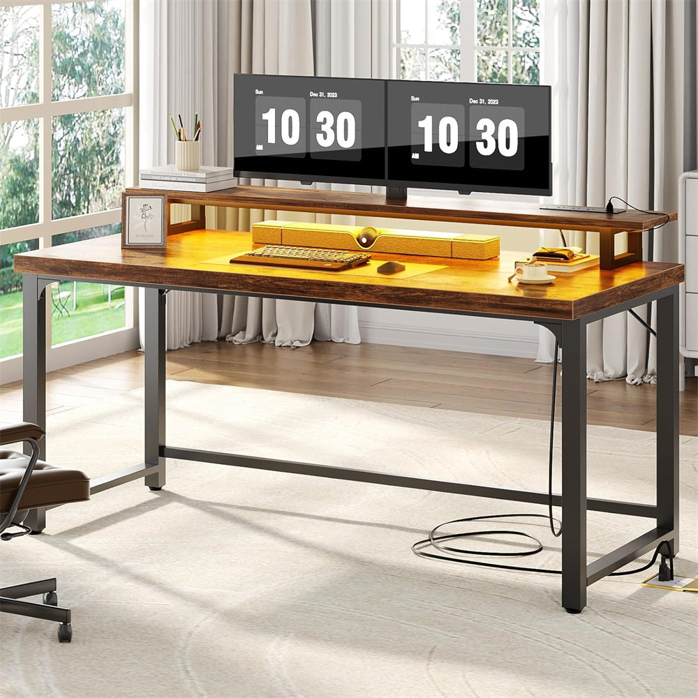 55'' Large Computer Desk with Power Outlets & LED Lights, Modern Thickened PC Writing Desk for Home Office