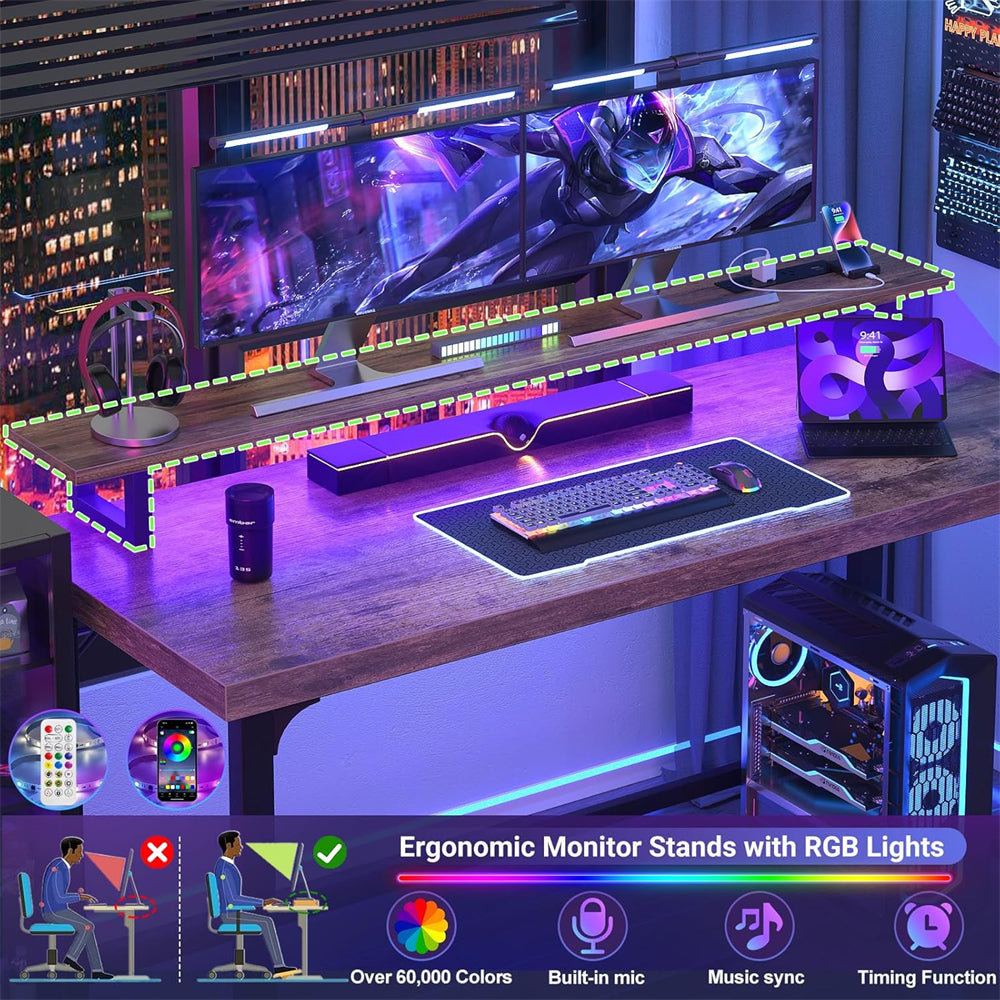 55'' Large Computer Desk with Power Outlets & LED Lights, Modern Thickened PC Writing Desk for Home Office