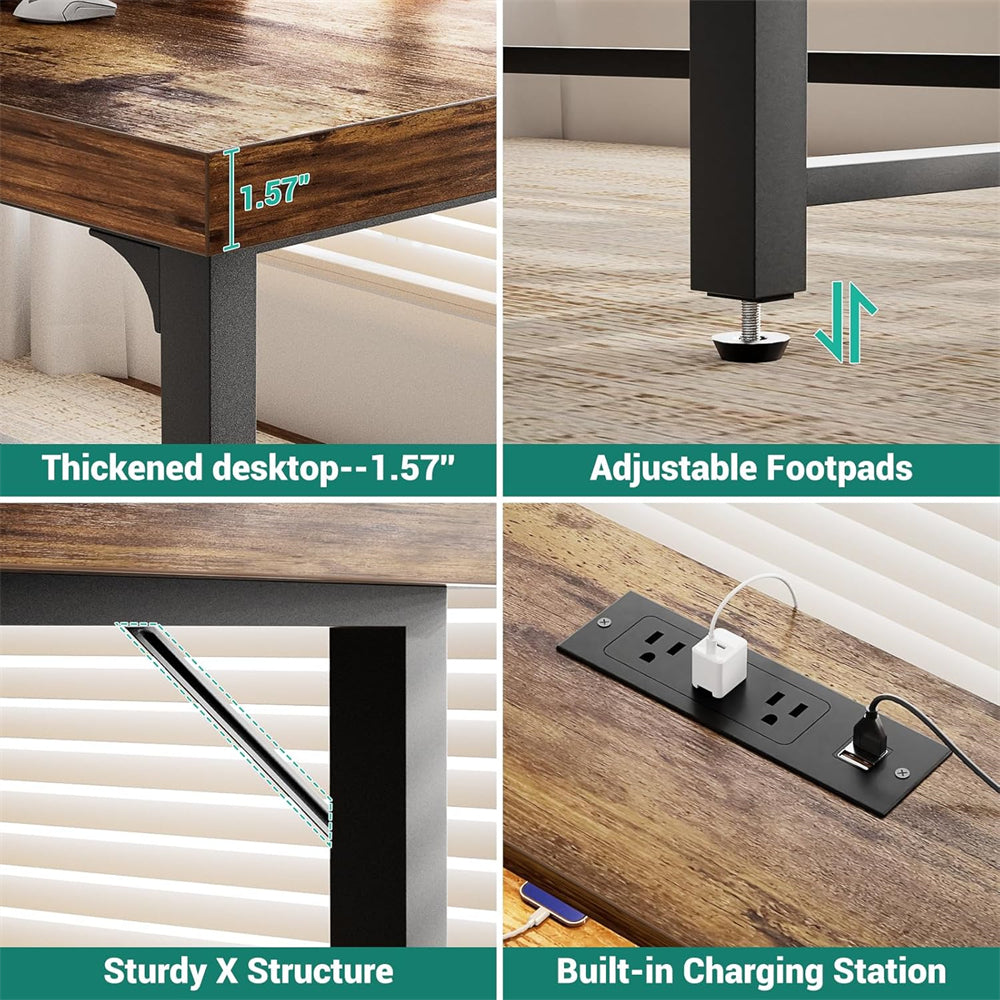 55'' Large Computer Desk with Power Outlets & LED Lights, Modern Thickened PC Writing Desk for Home Office