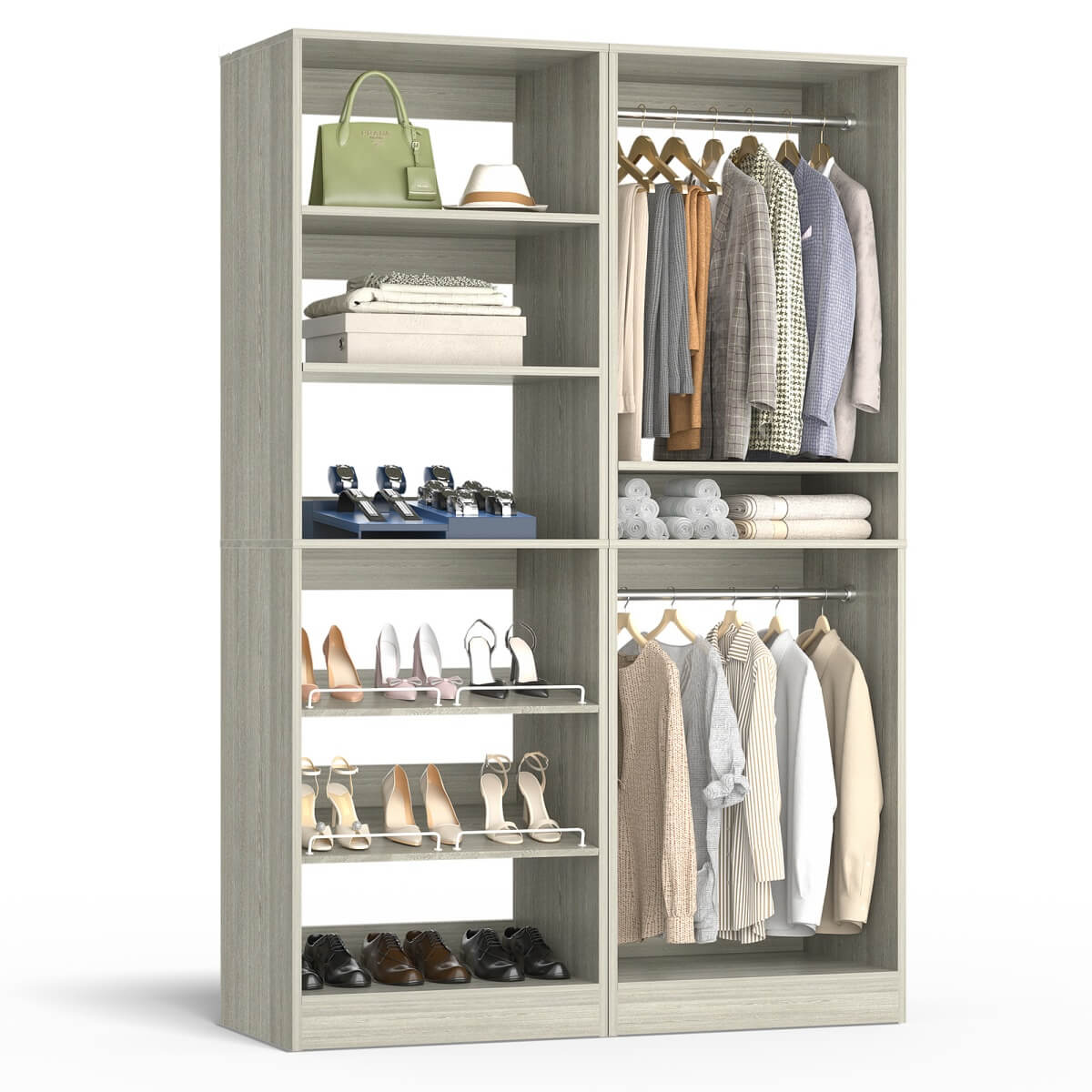 50'' Walk-in Closet System with 2 Sets, Closet Organizer with Hanging Rods & Shoe Racks