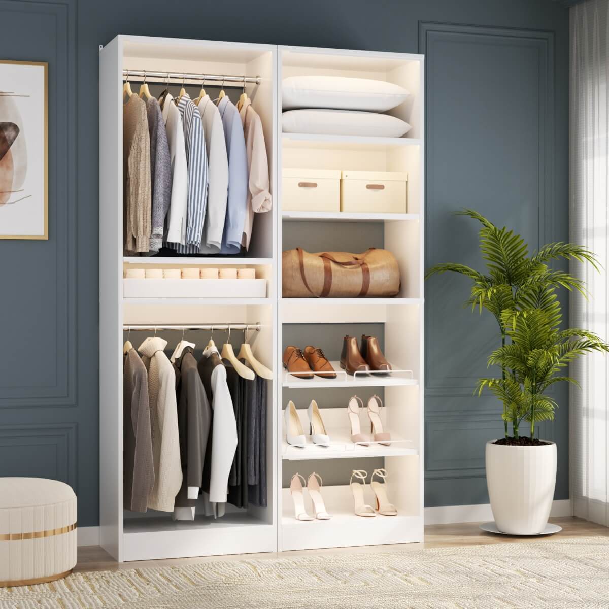 50'' Walk-in Closet System with 2 Sets, Closet Organizer with Hanging Rods & Shoe Racks