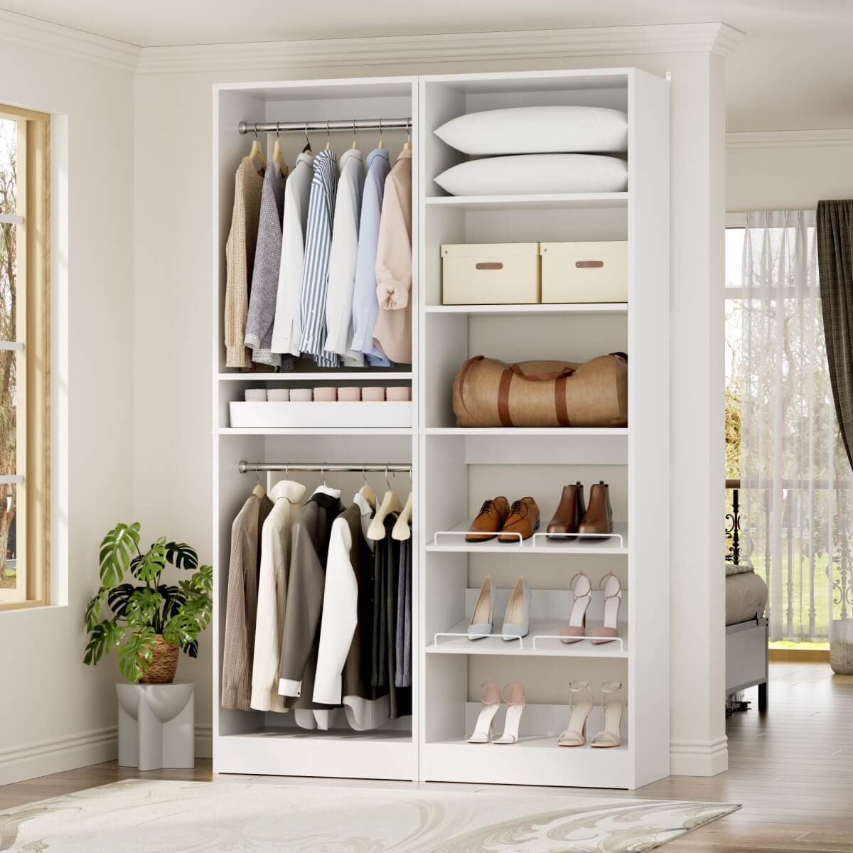 50'' Walk-in Closet System with 2 Sets, Closet Organizer with Hanging Rods & Shoe Racks