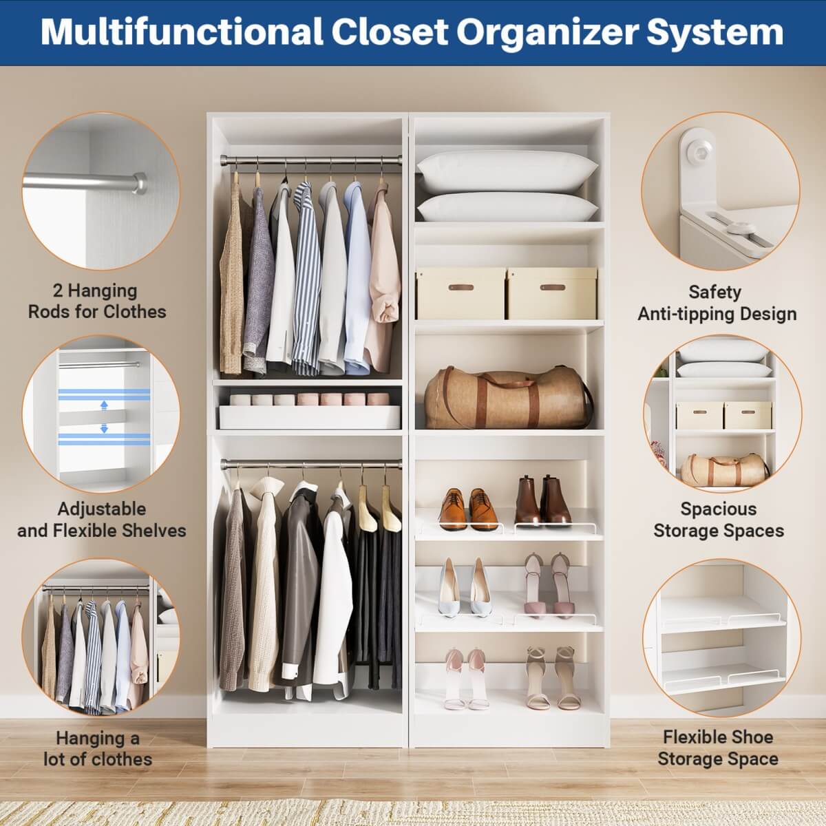 50'' Walk-in Closet System with 2 Sets, Closet Organizer with Hanging Rods & Shoe Racks