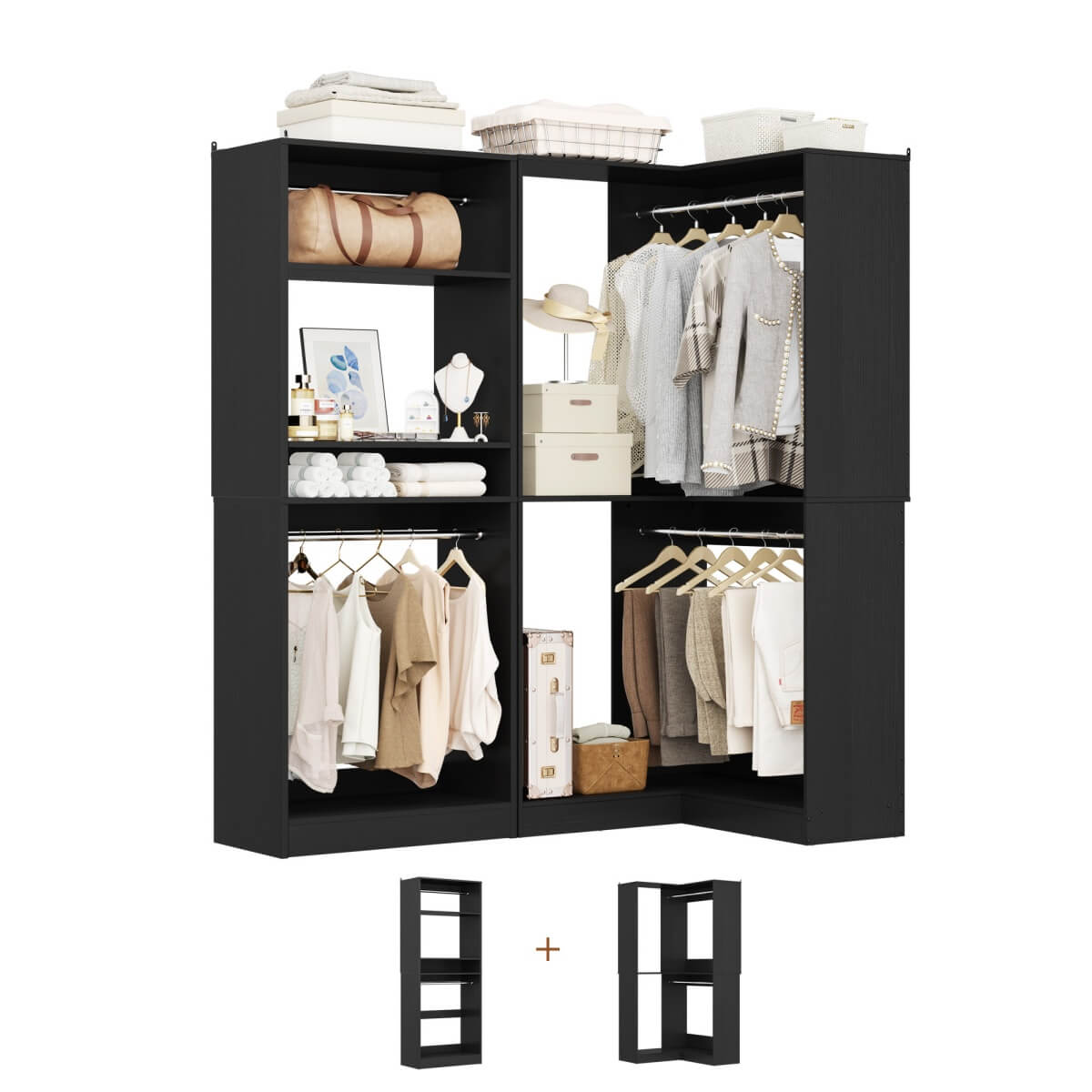Freestanding Walk-in Closet Organizer System with Hanging Rods and Corner