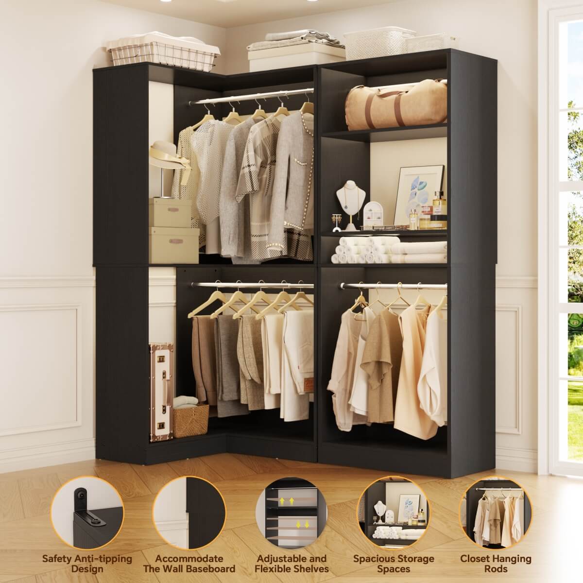 Freestanding Walk-in Closet Organizer System with Hanging Rods and Corner