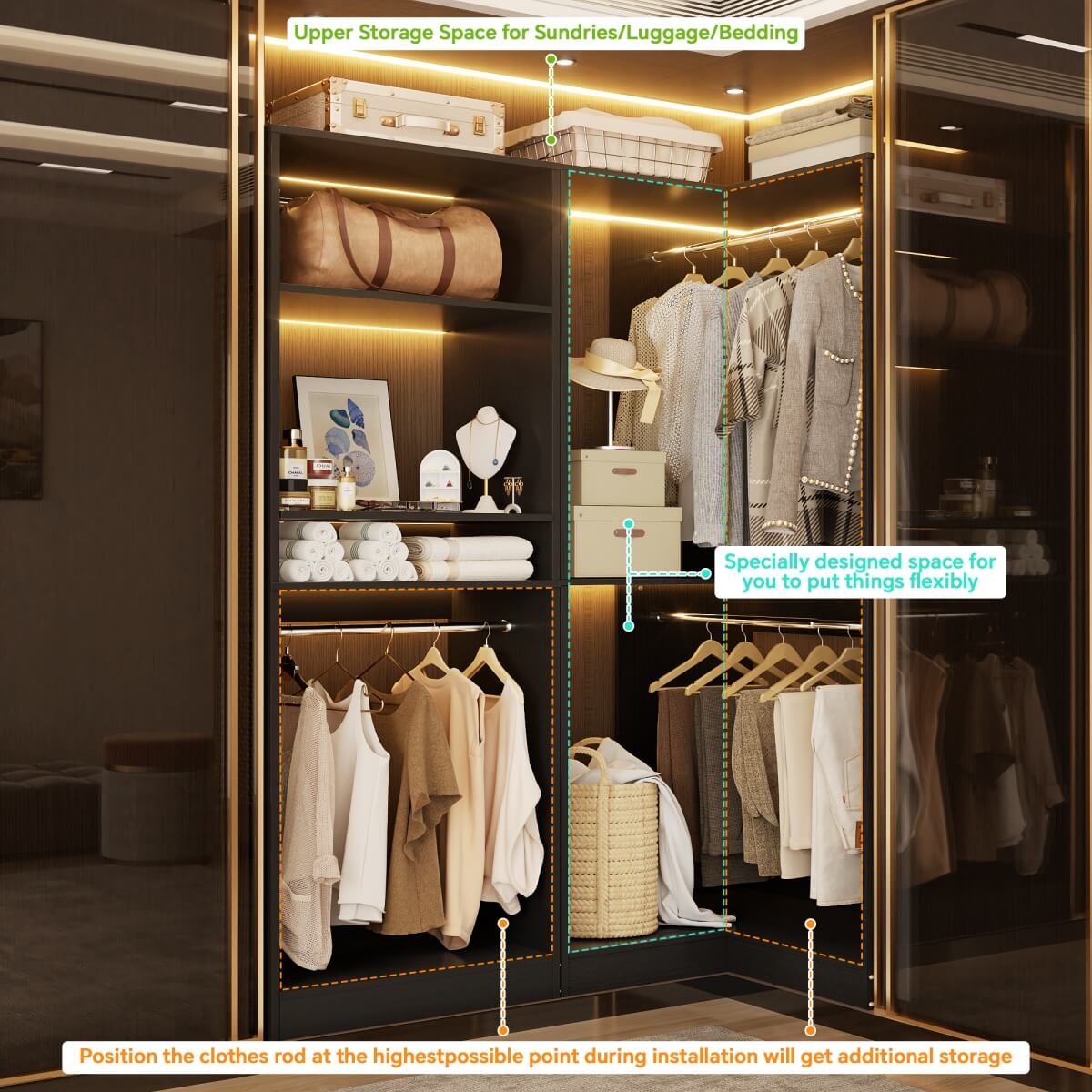 Freestanding Walk-in Closet Organizer System with Hanging Rods and Corner