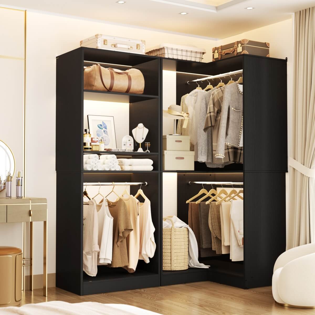 Freestanding Walk-in Closet Organizer System with Hanging Rods and Corner