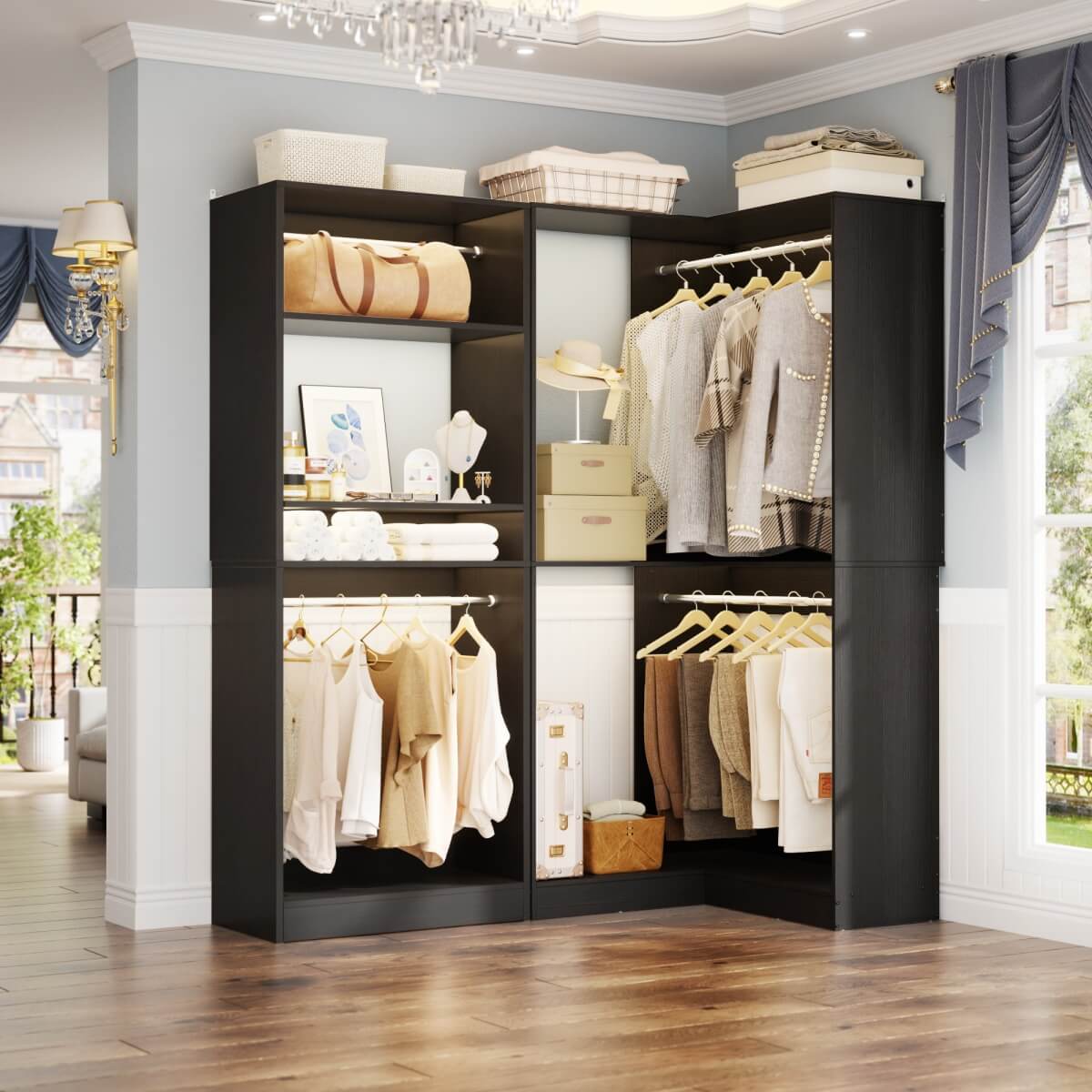 Freestanding Walk-in Closet Organizer System with Hanging Rods and Corner