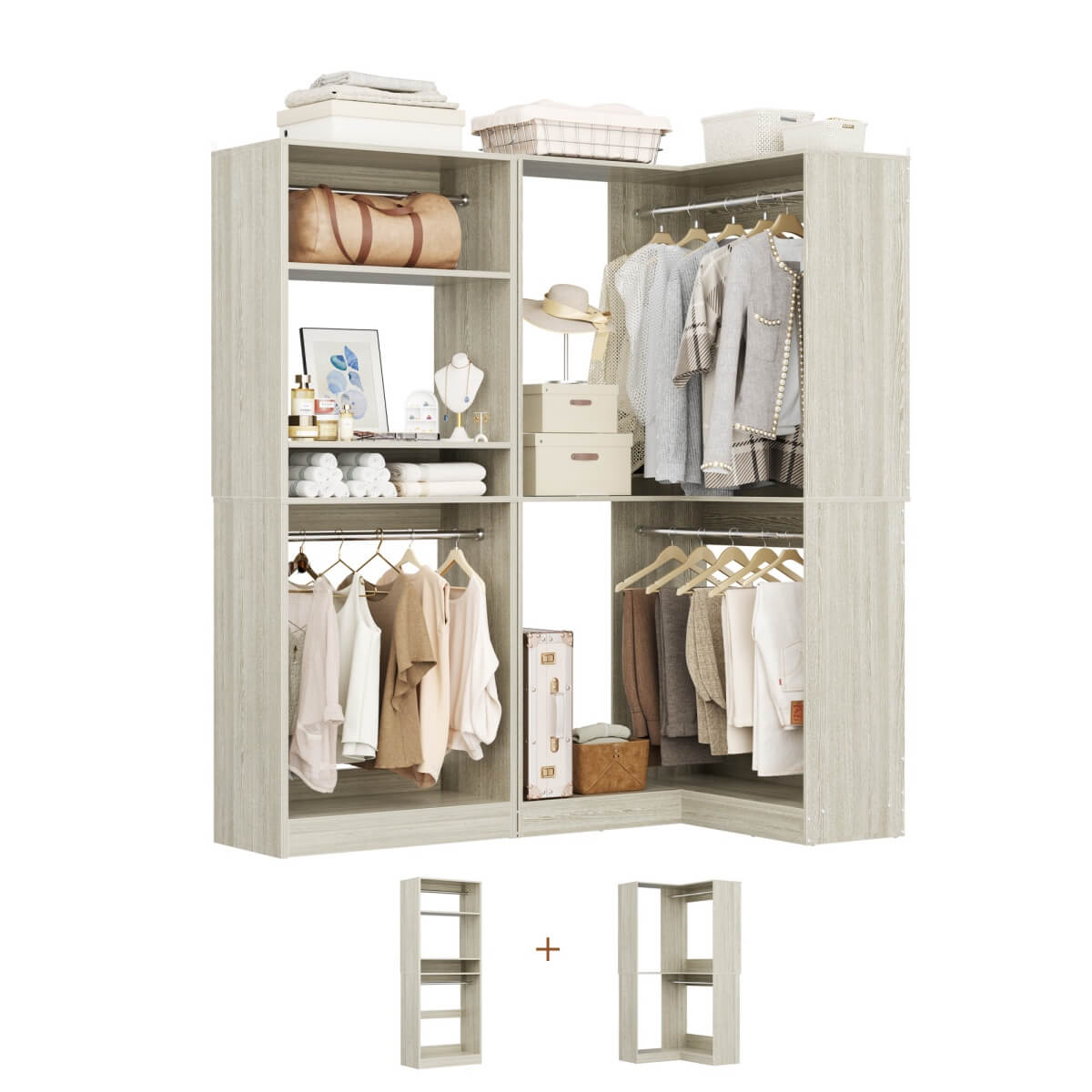 Freestanding Walk-in Closet Organizer System with Hanging Rods and Corner