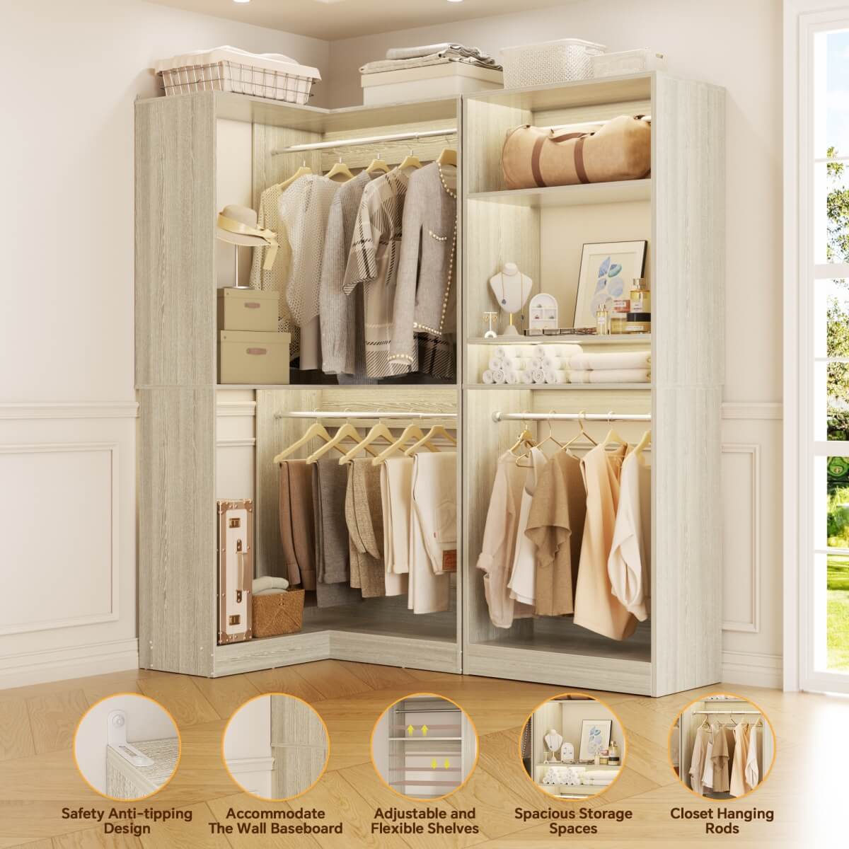 Freestanding Walk-in Closet Organizer System with Hanging Rods and Corner
