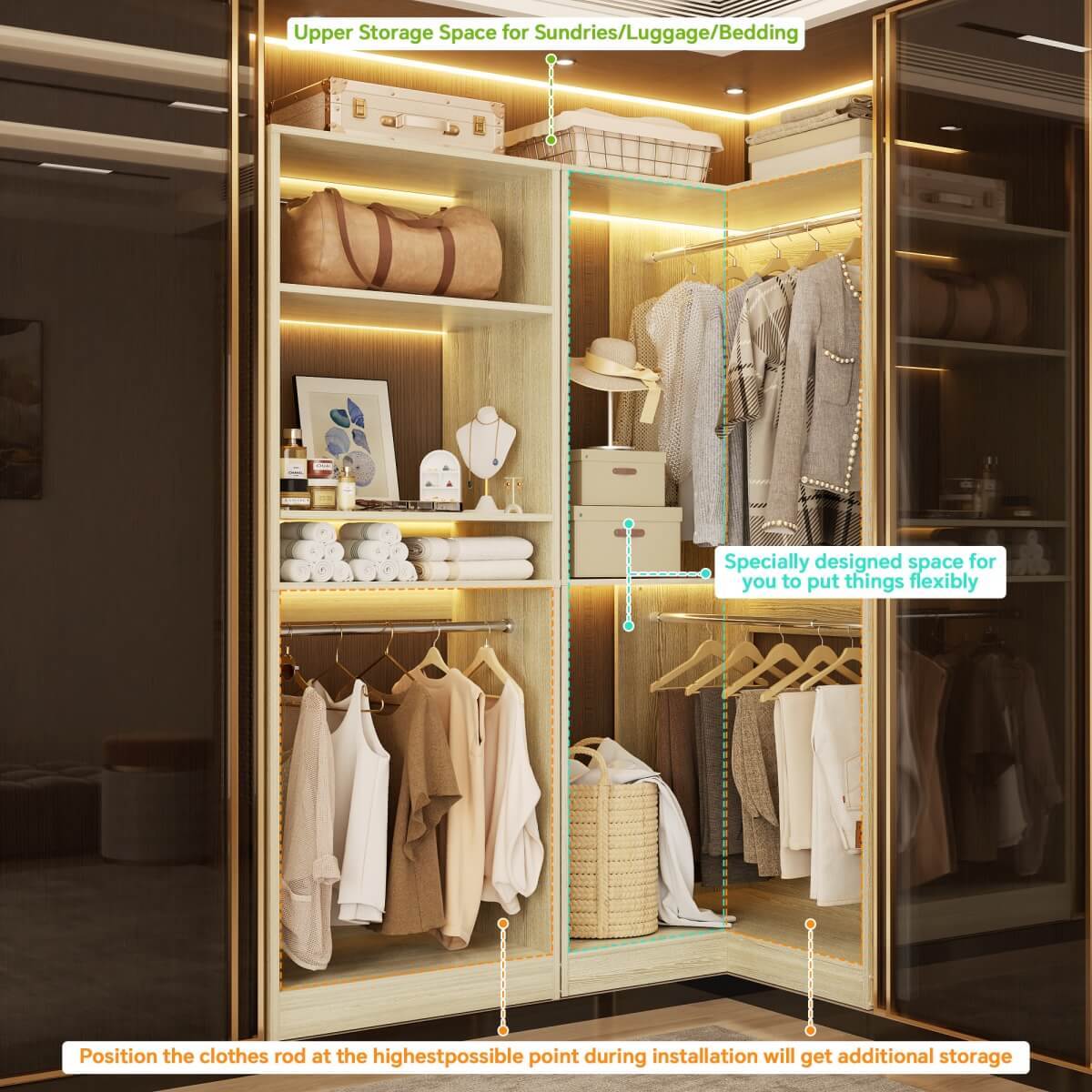 Freestanding Walk-in Closet Organizer System with Hanging Rods and Corner