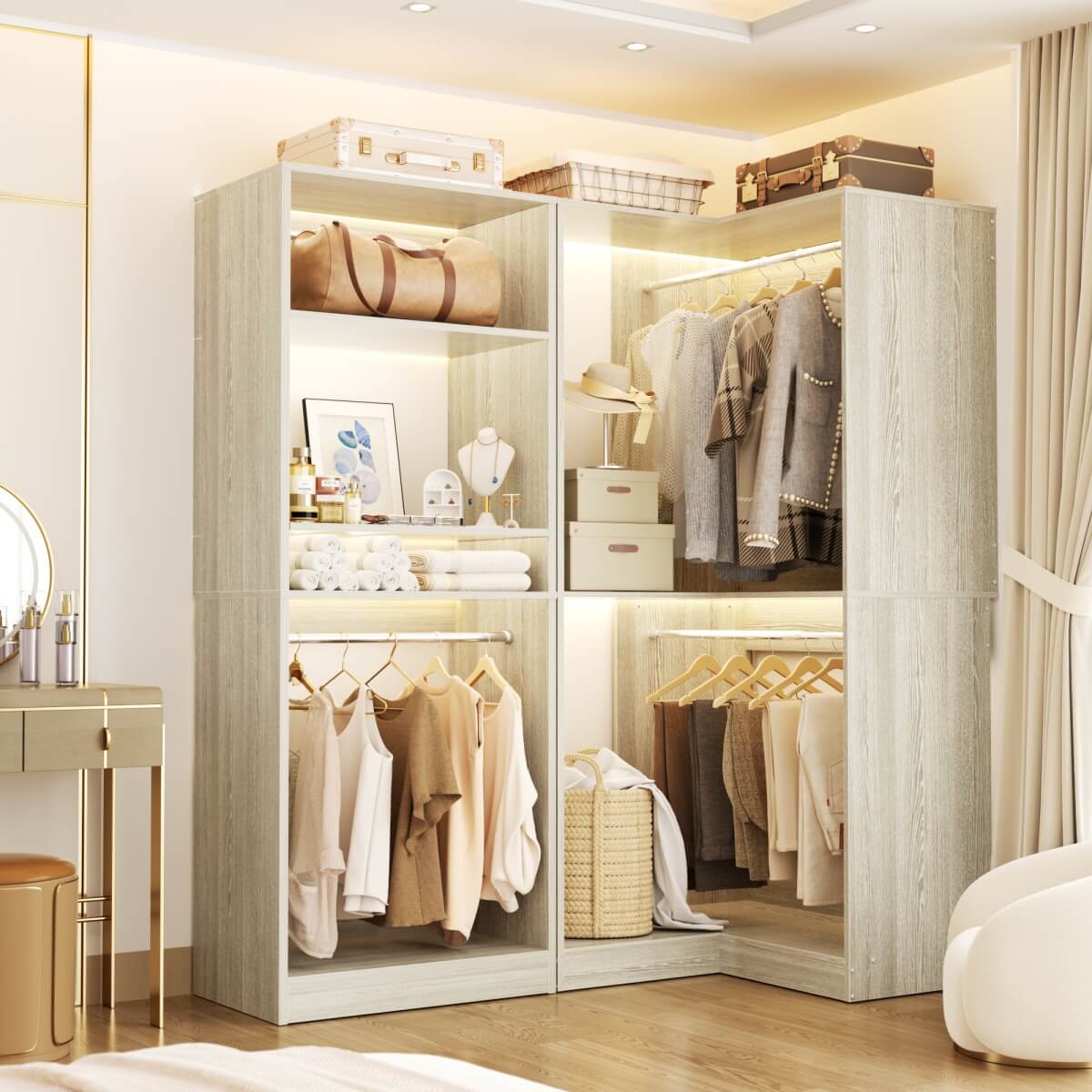 Freestanding Walk-in Closet Organizer System with Hanging Rods and Corner