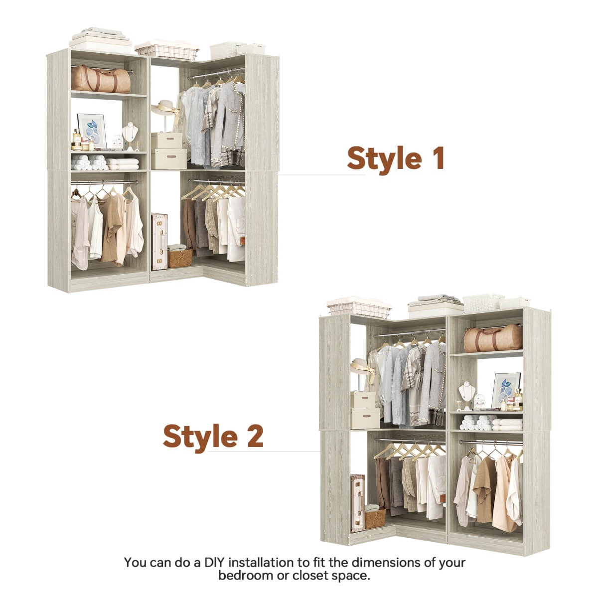 Freestanding Walk-in Closet Organizer System with Hanging Rods and Corner