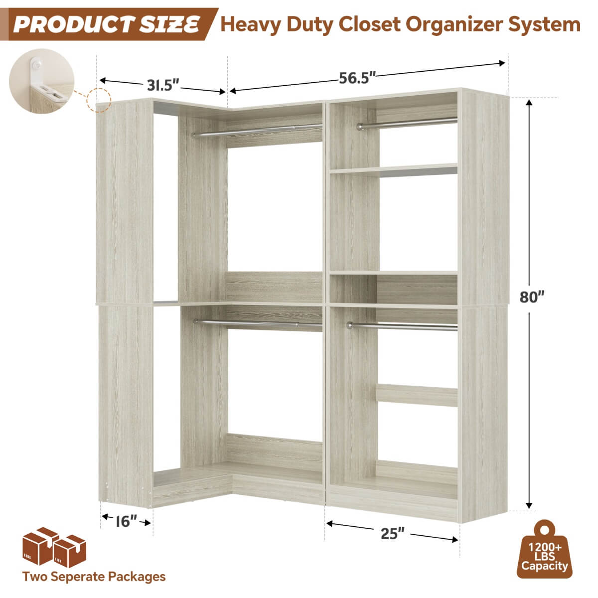Freestanding Walk-in Closet Organizer System with Hanging Rods and Corner