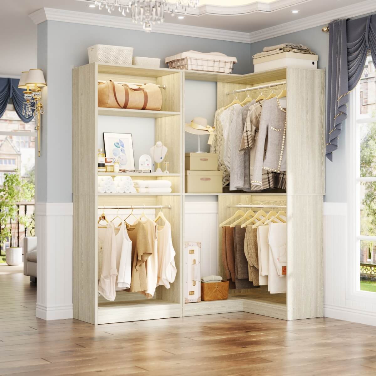 Freestanding Walk-in Closet Organizer System with Hanging Rods and Corner