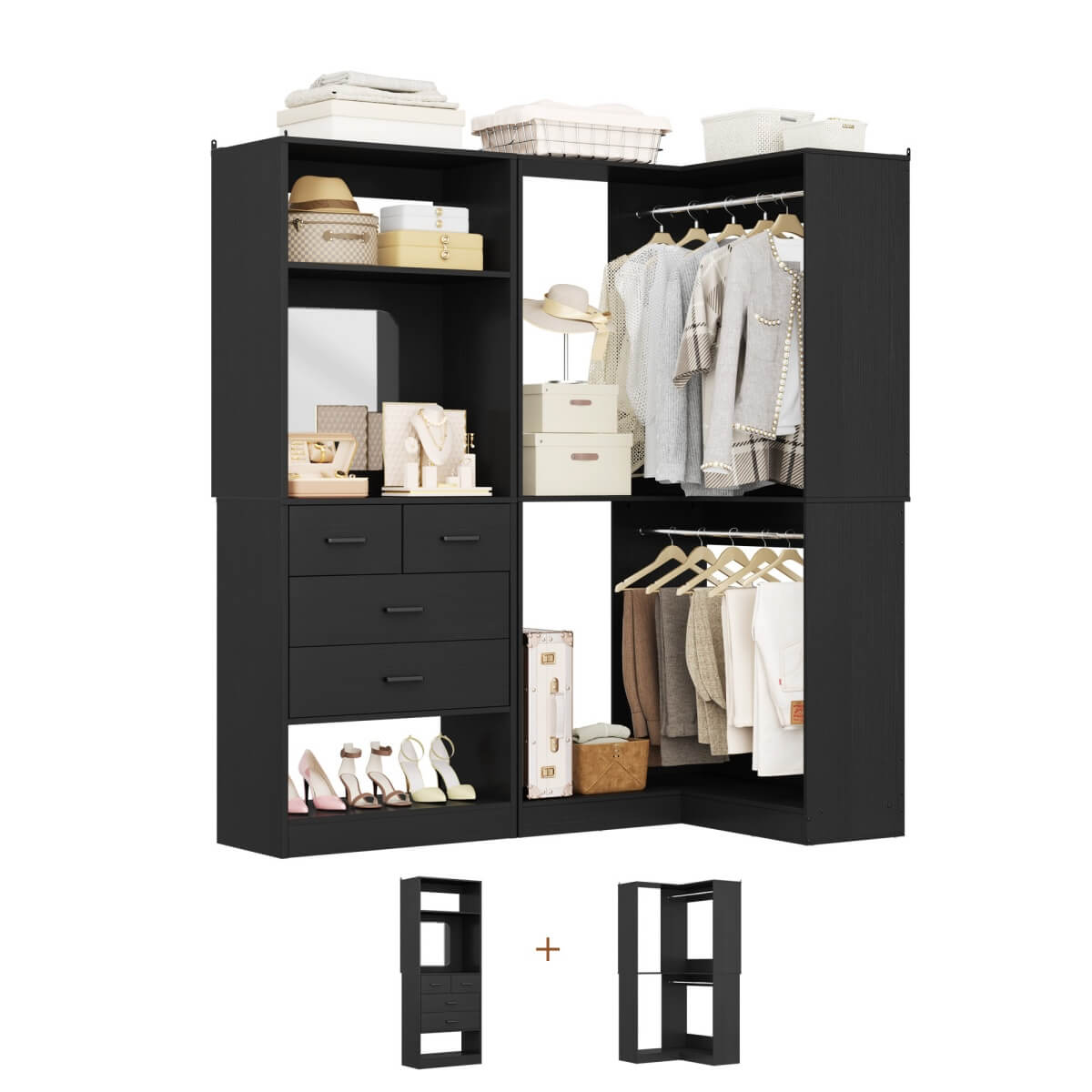 Heavy Duty Corner Closet System with 4 Drawers and Mirror