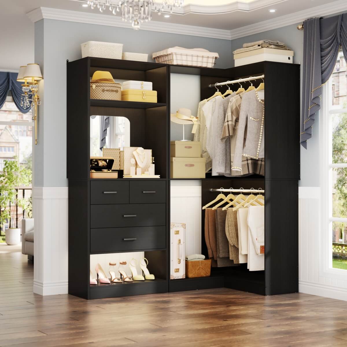 Heavy Duty Corner Closet System with 4 Drawers and Mirror