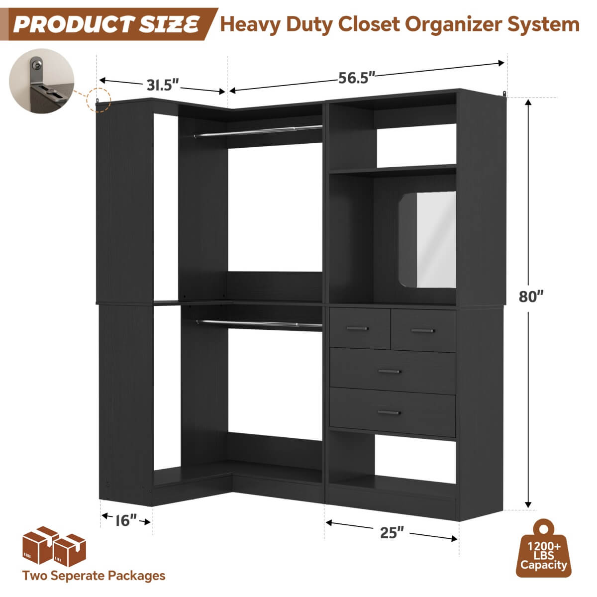 Heavy Duty Corner Closet System with 4 Drawers and Mirror