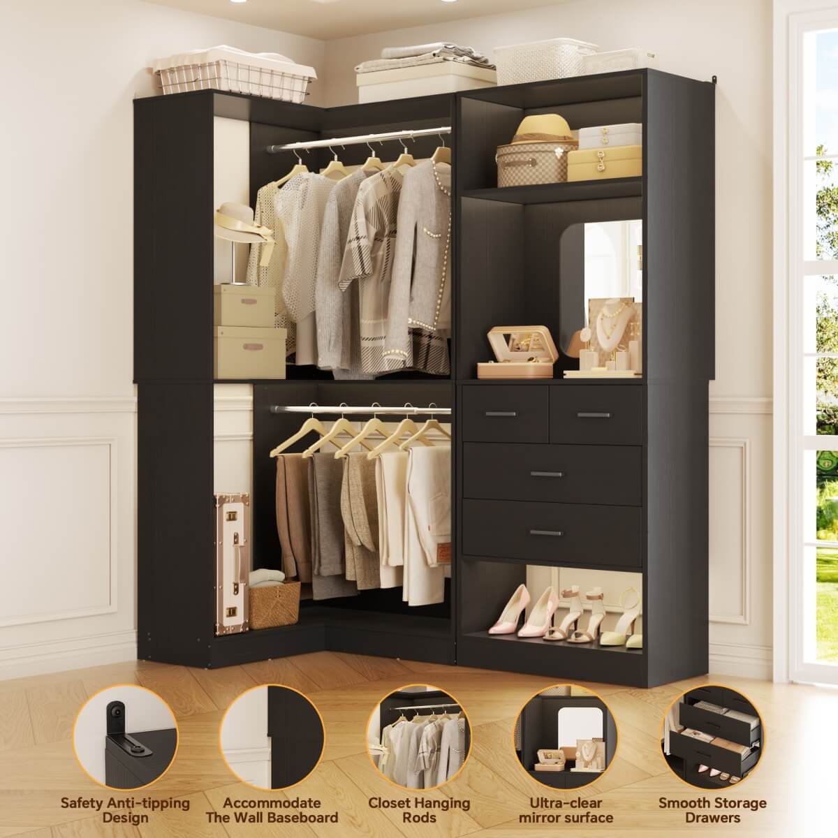 Heavy Duty Corner Closet System with 4 Drawers and Mirror