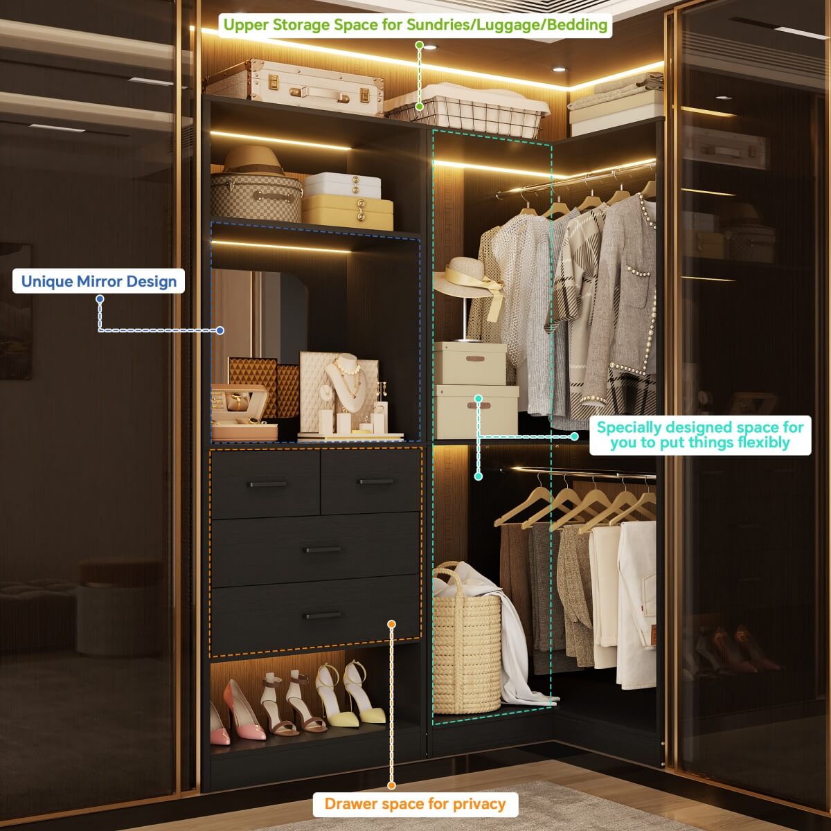 Heavy Duty Corner Closet System with 4 Drawers and Mirror