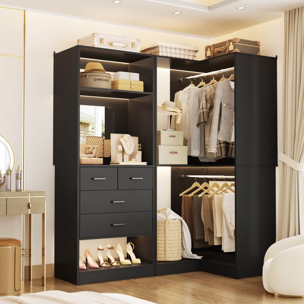 Heavy Duty Corner Closet System with 4 Drawers and Mirror