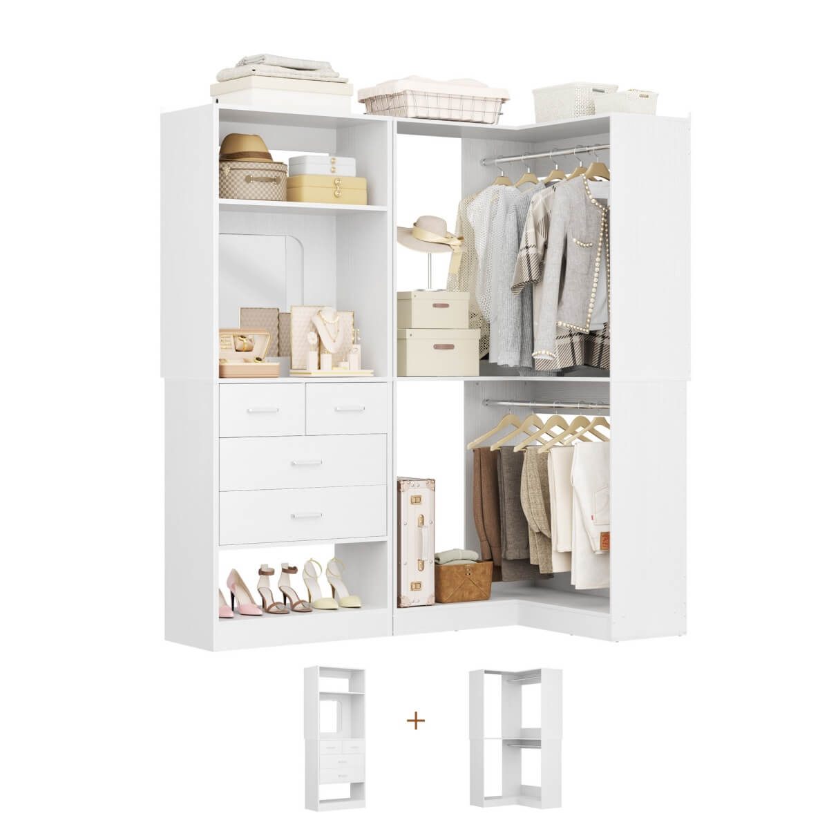 Heavy Duty Corner Closet System with 4 Drawers and Mirror