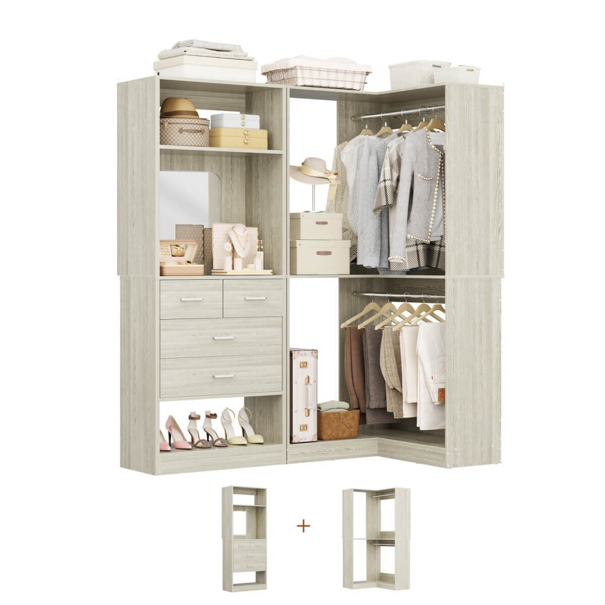 Heavy Duty Corner Closet System with 4 Drawers and Mirror