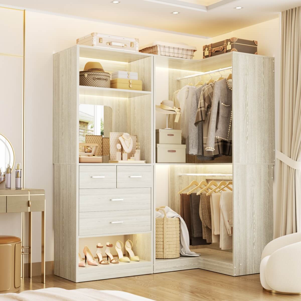 Heavy Duty Corner Closet System with 4 Drawers and Mirror