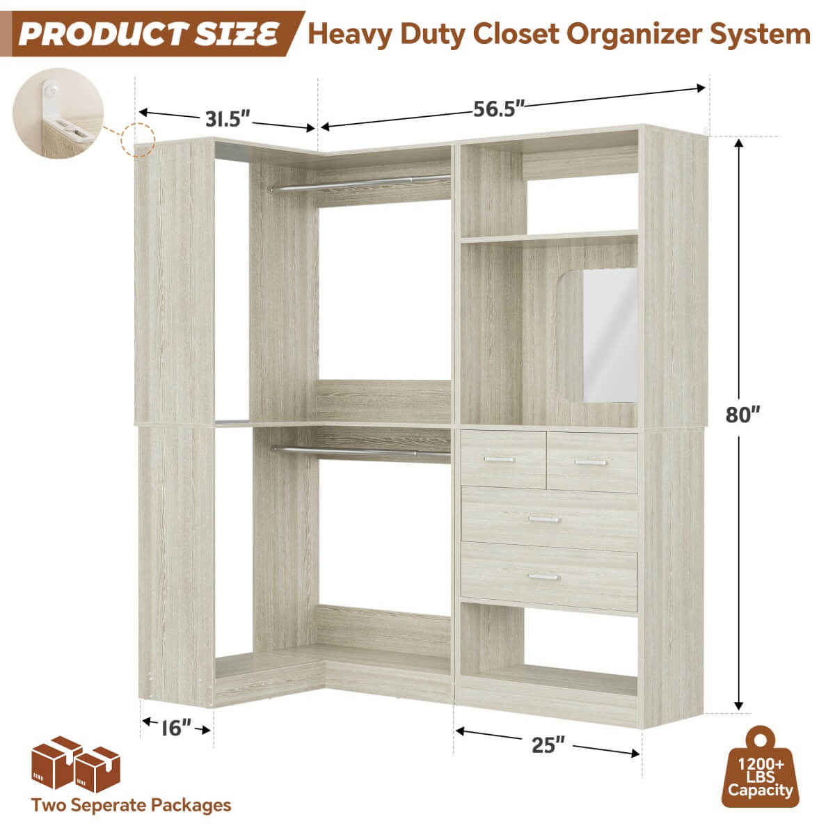 Heavy Duty Corner Closet System with 4 Drawers and Mirror