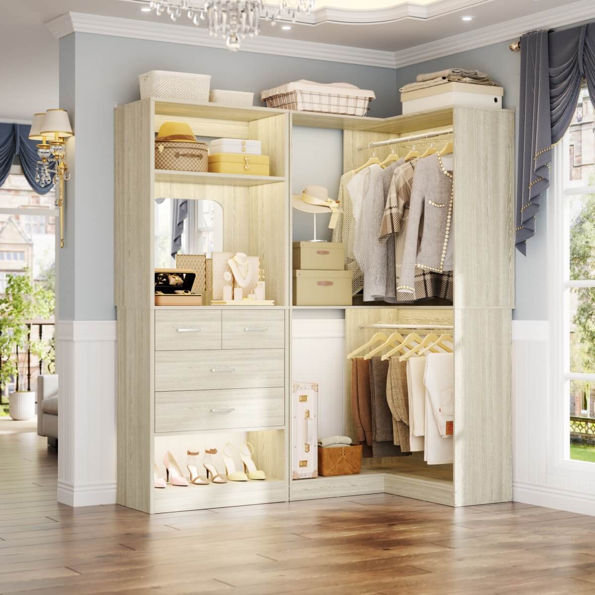 Heavy Duty Corner Closet System with 4 Drawers and Mirror