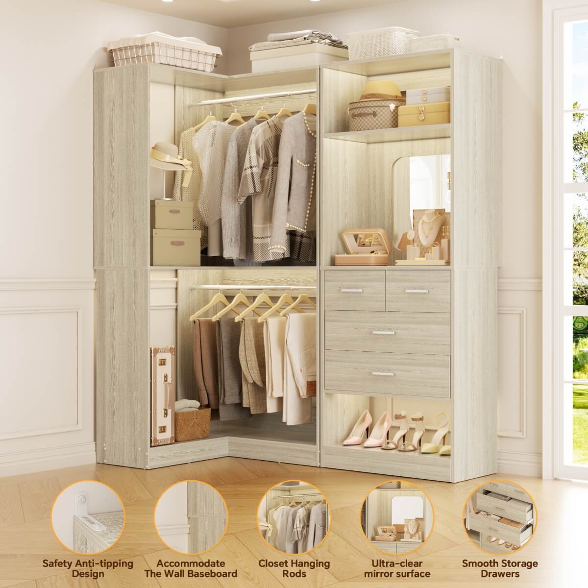 Heavy Duty Corner Closet System with 4 Drawers and Mirror