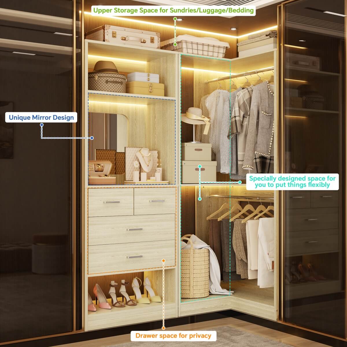 Heavy Duty Corner Closet System with 4 Drawers and Mirror